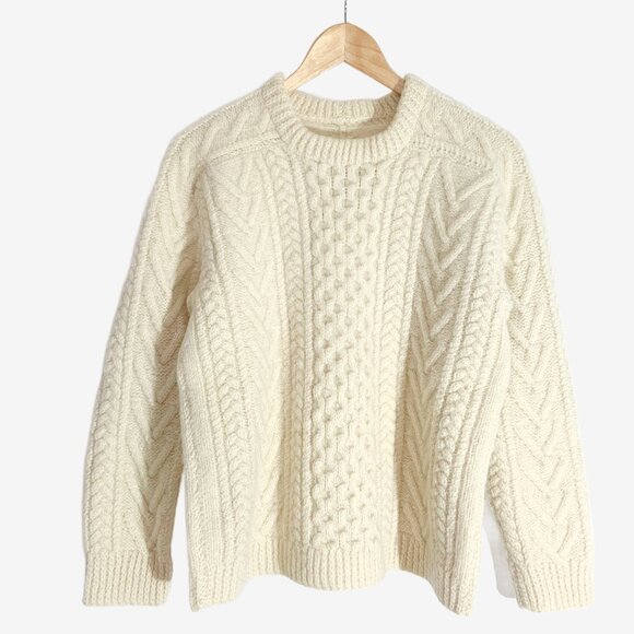 Vintage Cream Wool Fisherman Sweater / Cable Knit Aran Pattern / Small-Medium - Picture 1 of 10
